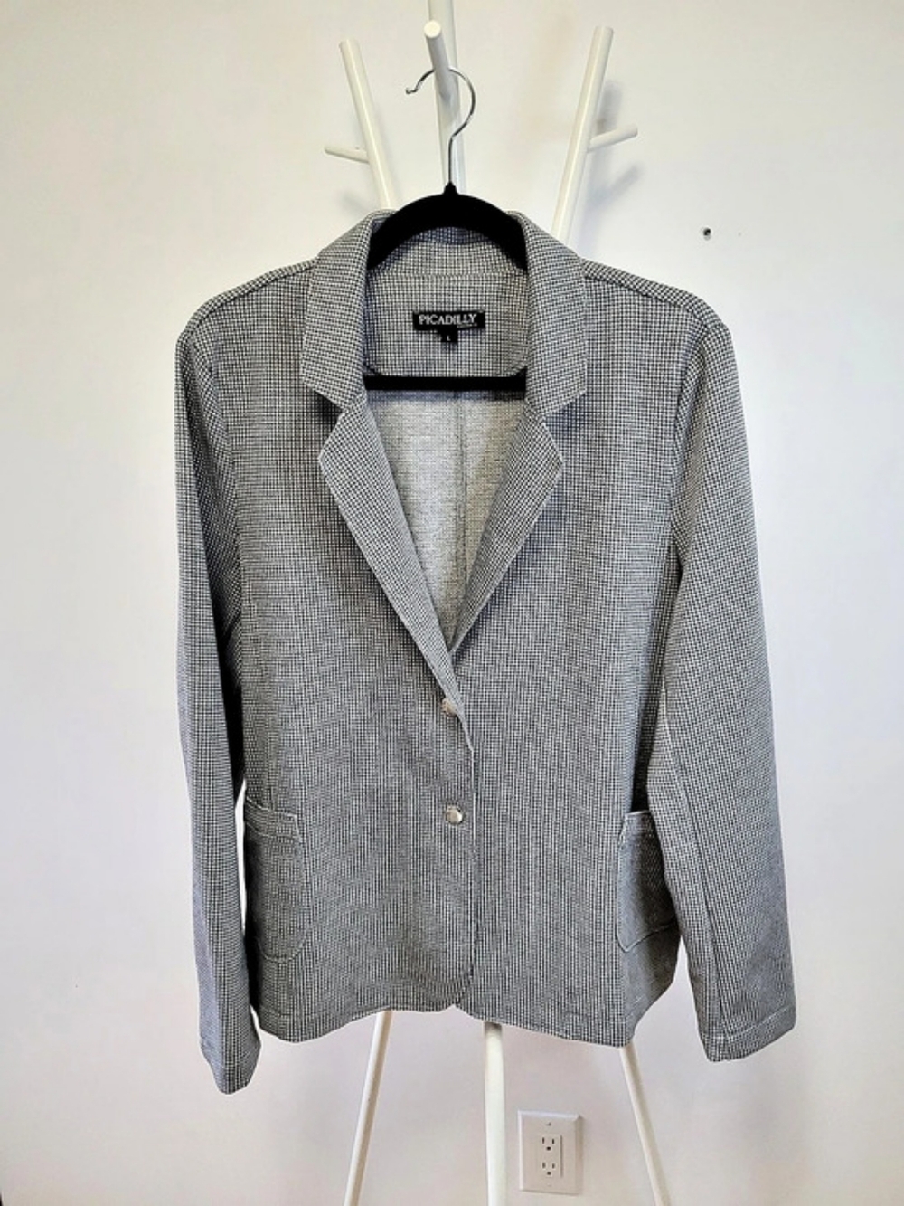 🍂 Picadilly Canada Houndstooth Knit Blazer Jacket Grey White - L - Like New